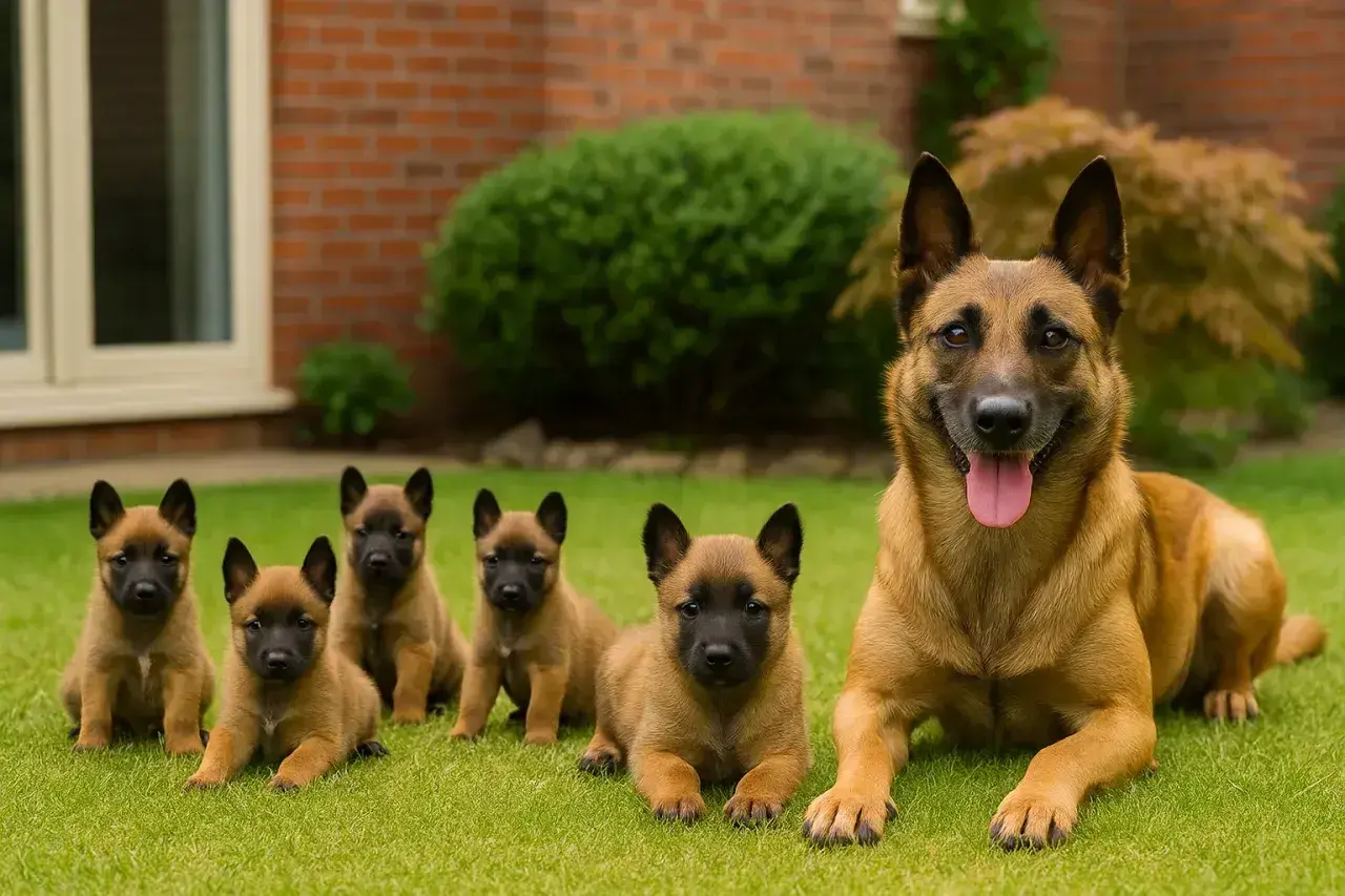Szczęśliwy owczarek belgijski k9 z pięcioma szczeniętami leżącymi na trawie.