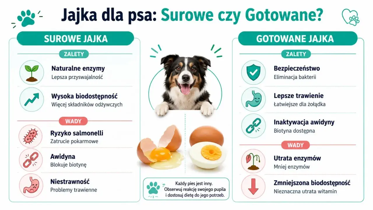 Czy pies może jeść jajko? Grafika porównuje surowe i gotowane jajka dla psów, pokazując ich zalety i wady.