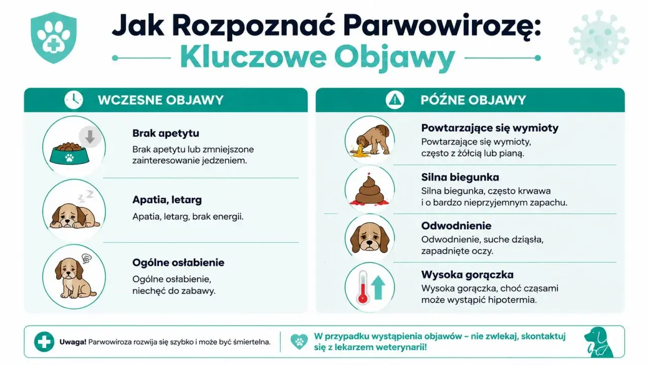 Objawy parwowirozy u szczeniaka: brak apetytu, apatia, wymioty, biegunka, odwodnienie, gorączka. Szybka reakcja jest kluczowa.