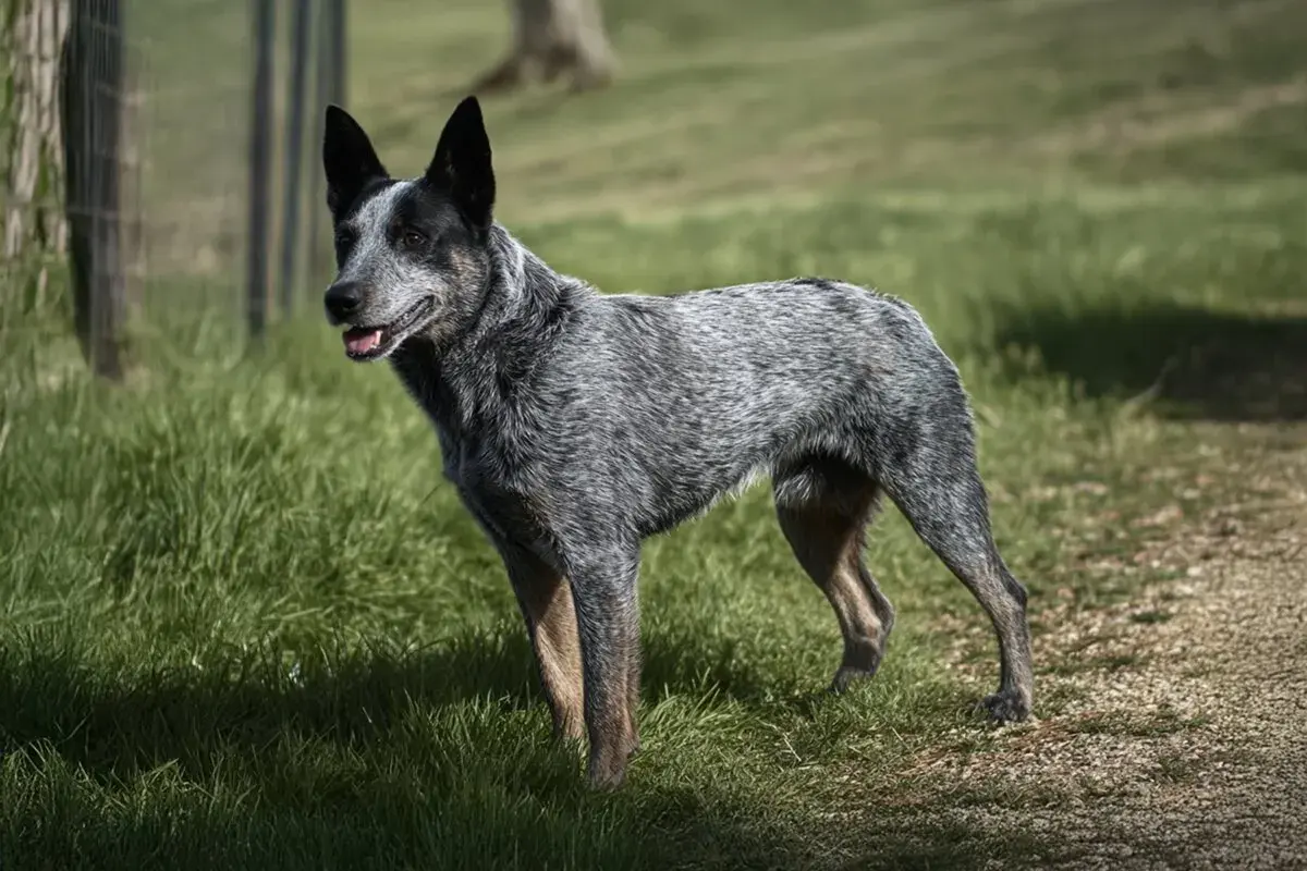 Australian stumpy tail cattle dog stoi na trawie, gotów do pracy.