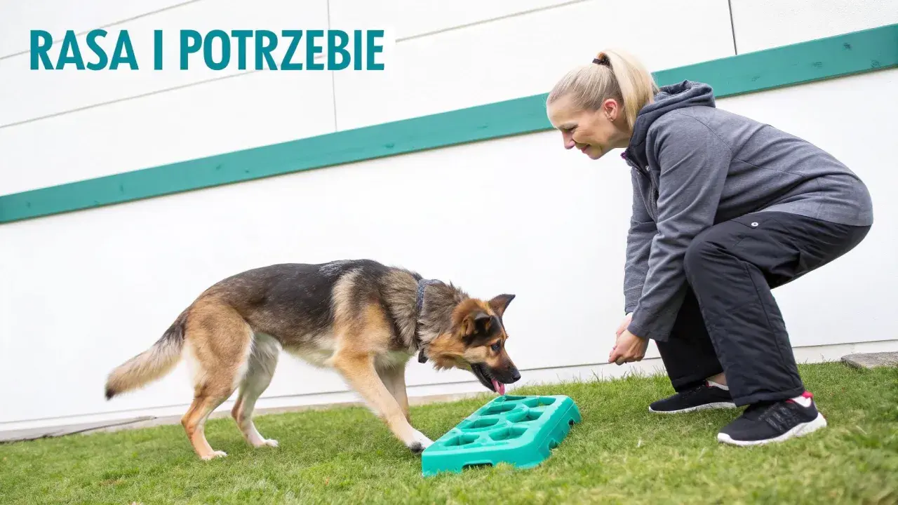 Trening z psem na trawniku, by nauczyć go, co zrobić, żeby pies nie piszczał, gdy jest sam. Pies interesuje się zieloną zabawką.