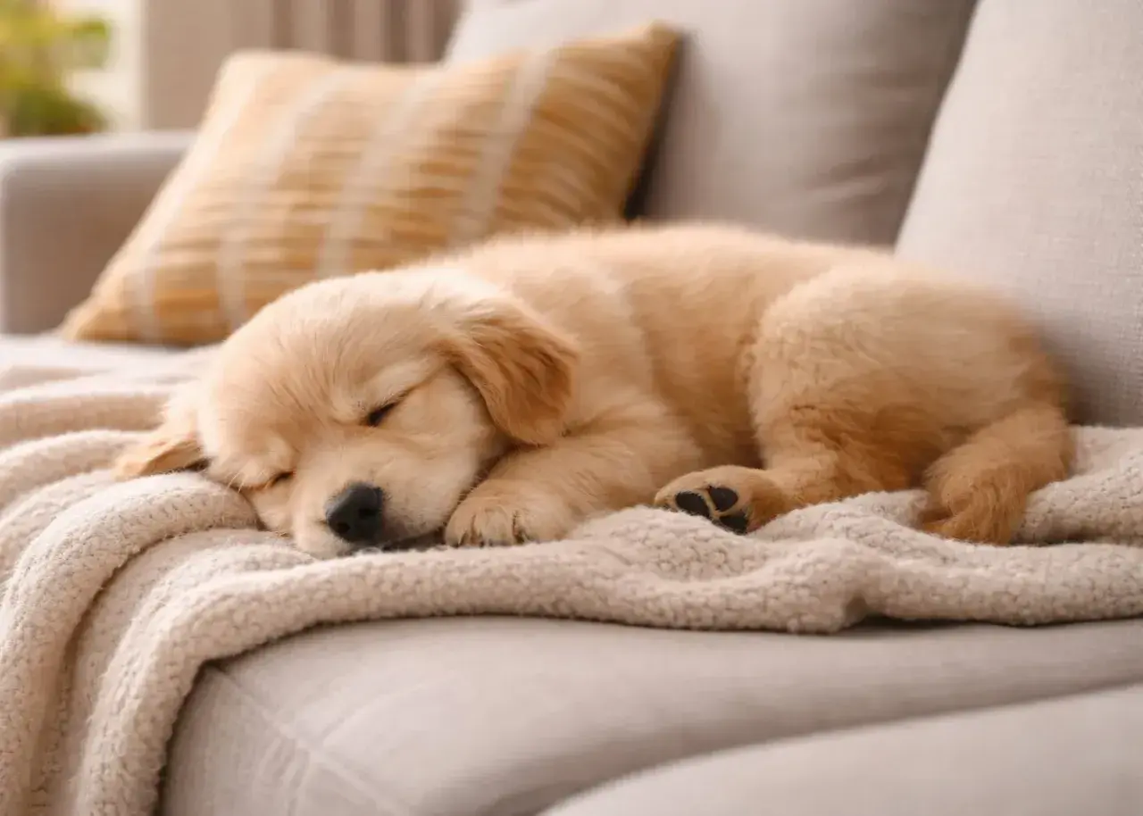 Uroczy szczeniak golden retriever śpi na kanapie, zwinięty w kłębek. Może mu się śni, że pies szczeka przez sen, bo jego łapka lekko drży.