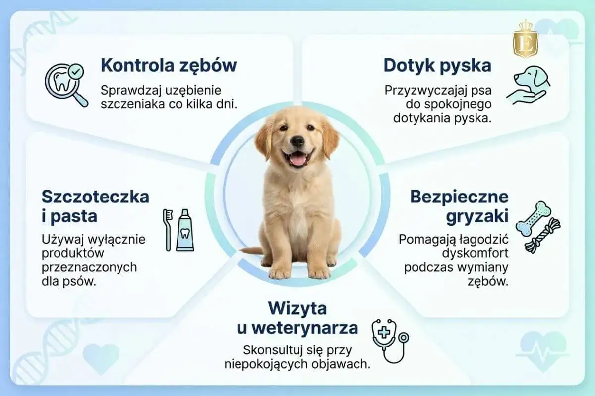Szczeniak z uśmiechem, wskaz&oacute;wki dotyczące pielęgnacji zęb&oacute;w: kontrola, szczotkowanie, gryzaki. Wzmianka o wypadanie zęb&oacute;w u szczeniaka objawy i wizyta u weterynarza.