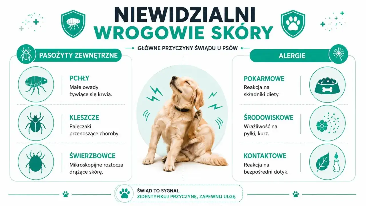 Pies gryzie właściciela, bo swędzi go sk&oacute;ra. Przyczyny: pasożyty (pchły, kleszcze, świerzbowce) i alergie (pokarmowe, środowiskowe, kontaktowe).