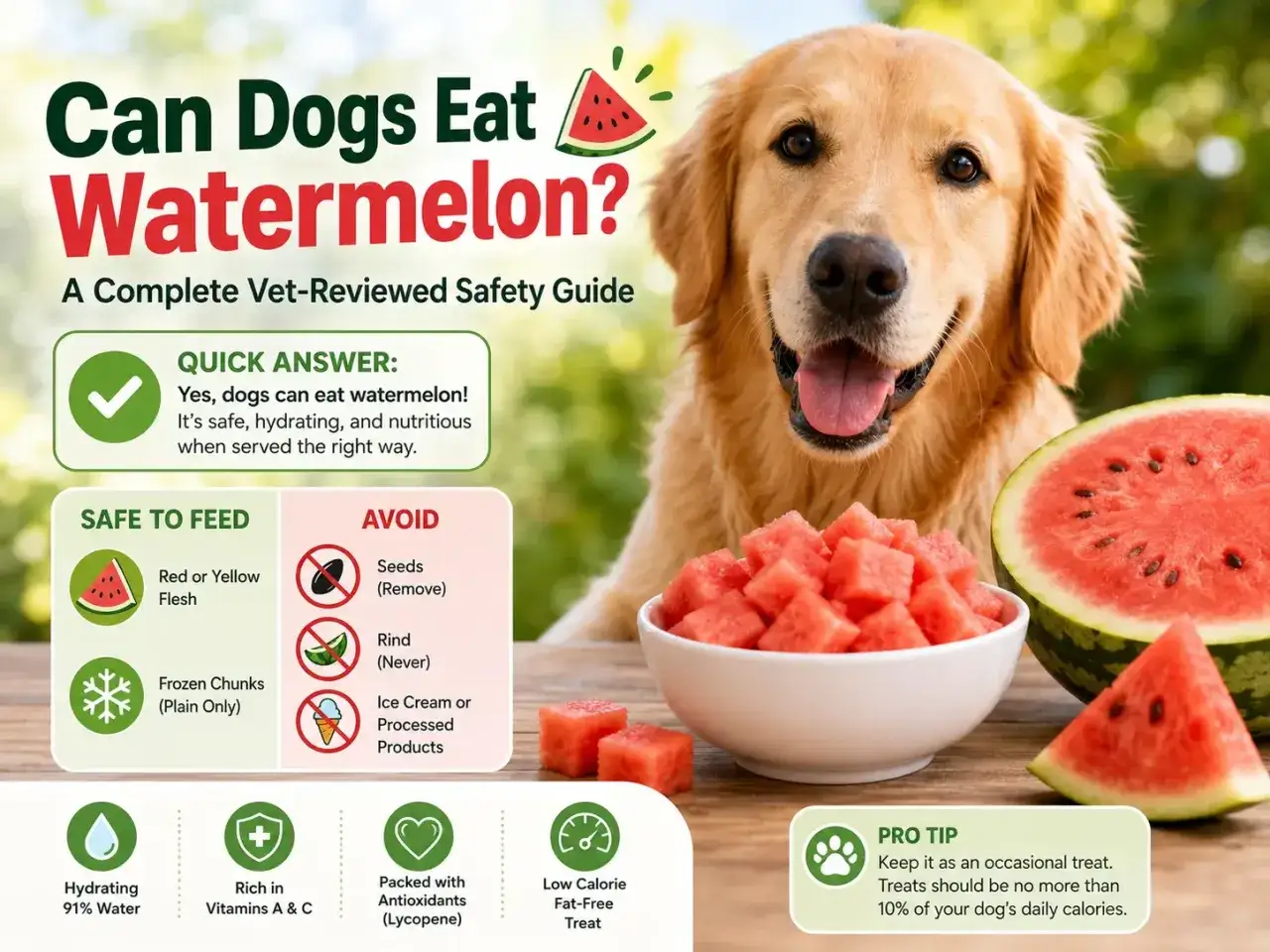 Złoty retriever z uśmiechem, obok miseczki z arbuzem. Czy pies może jeść arbuza? Tak, ale bez pestek i skórki.