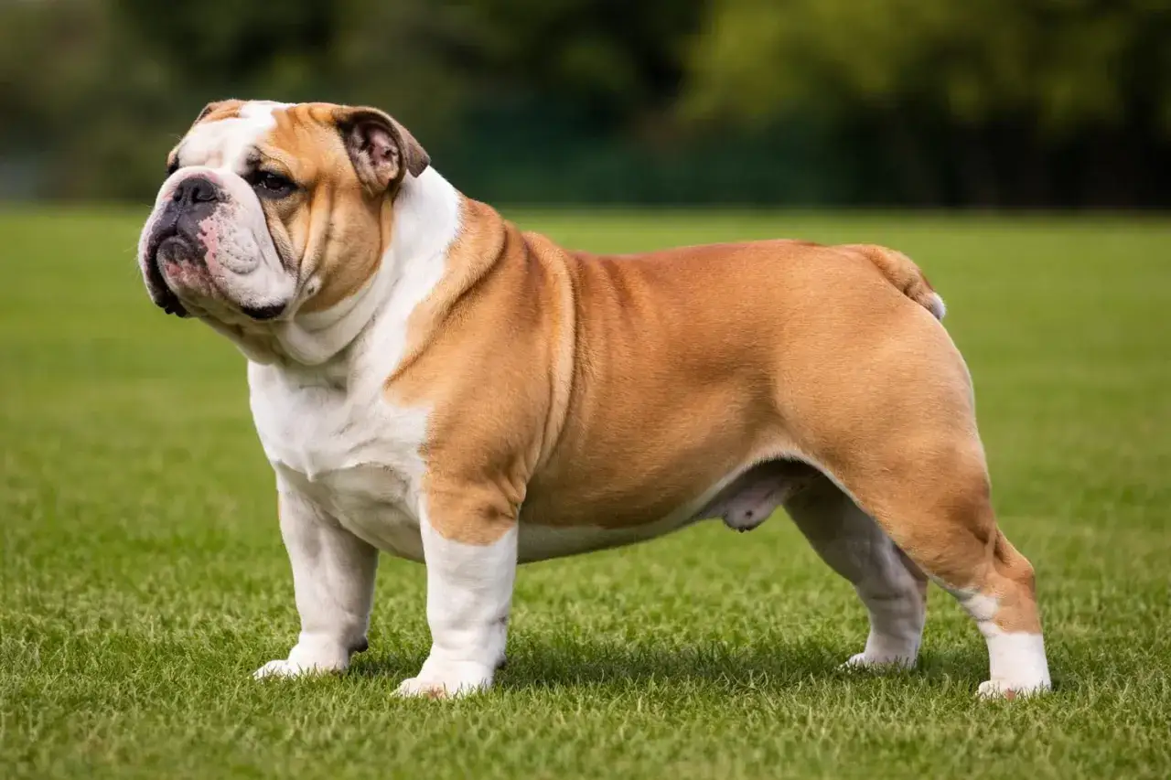 Buldog angielski o imponującej wadze, dumny i krępy, stoi na zielonej trawie.