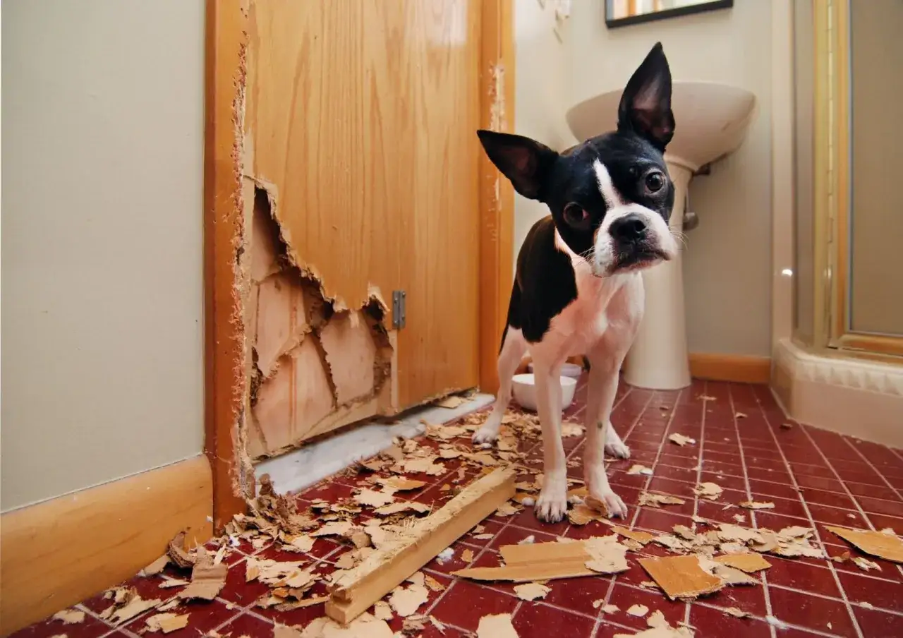 Boston terrier zniszczył drzwi, co świadczy o jego lęku separacyjnym. Wokół leżą kawałki drewna.