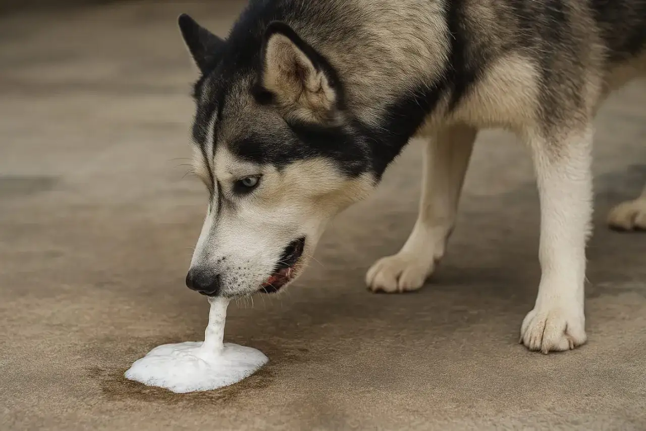 Husky pies wymiotuje wodą, tworząc pianę na ziemi.