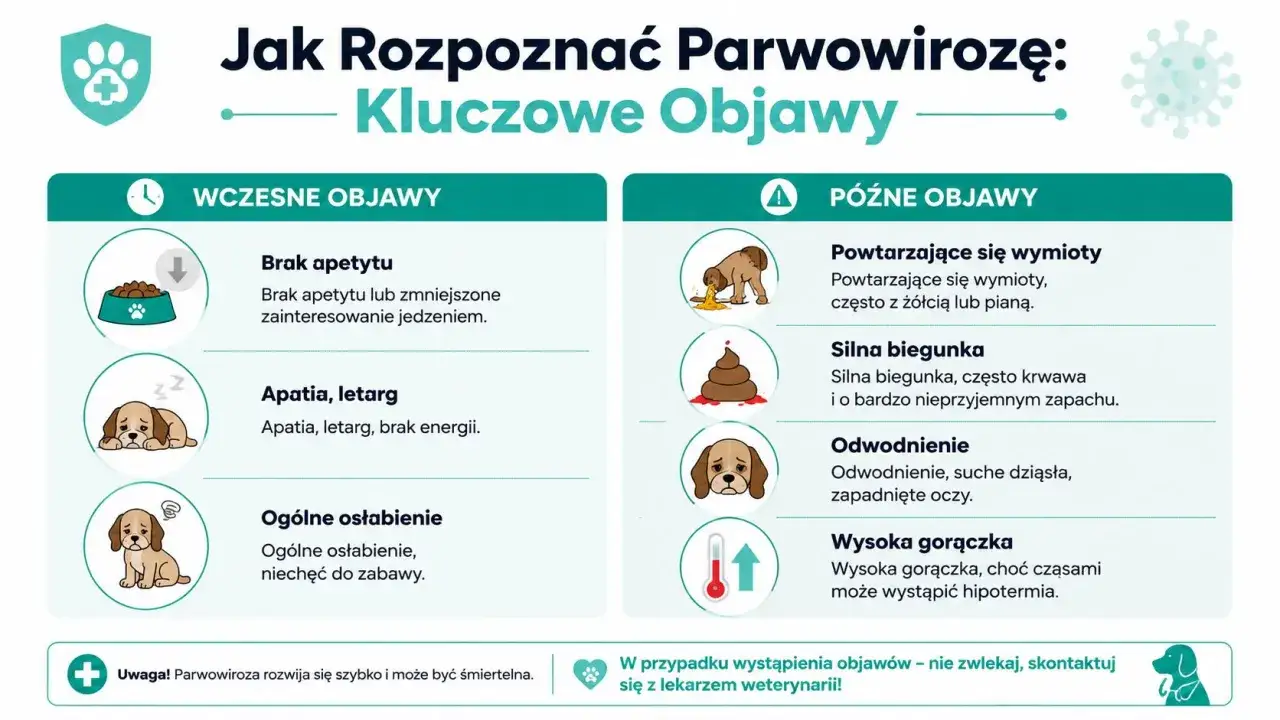 Objawy parwowirozy u szczeniaka: brak apetytu, apatia, wymioty, biegunka, odwodnienie, gorączka. Szybka reakcja ratuje życie.