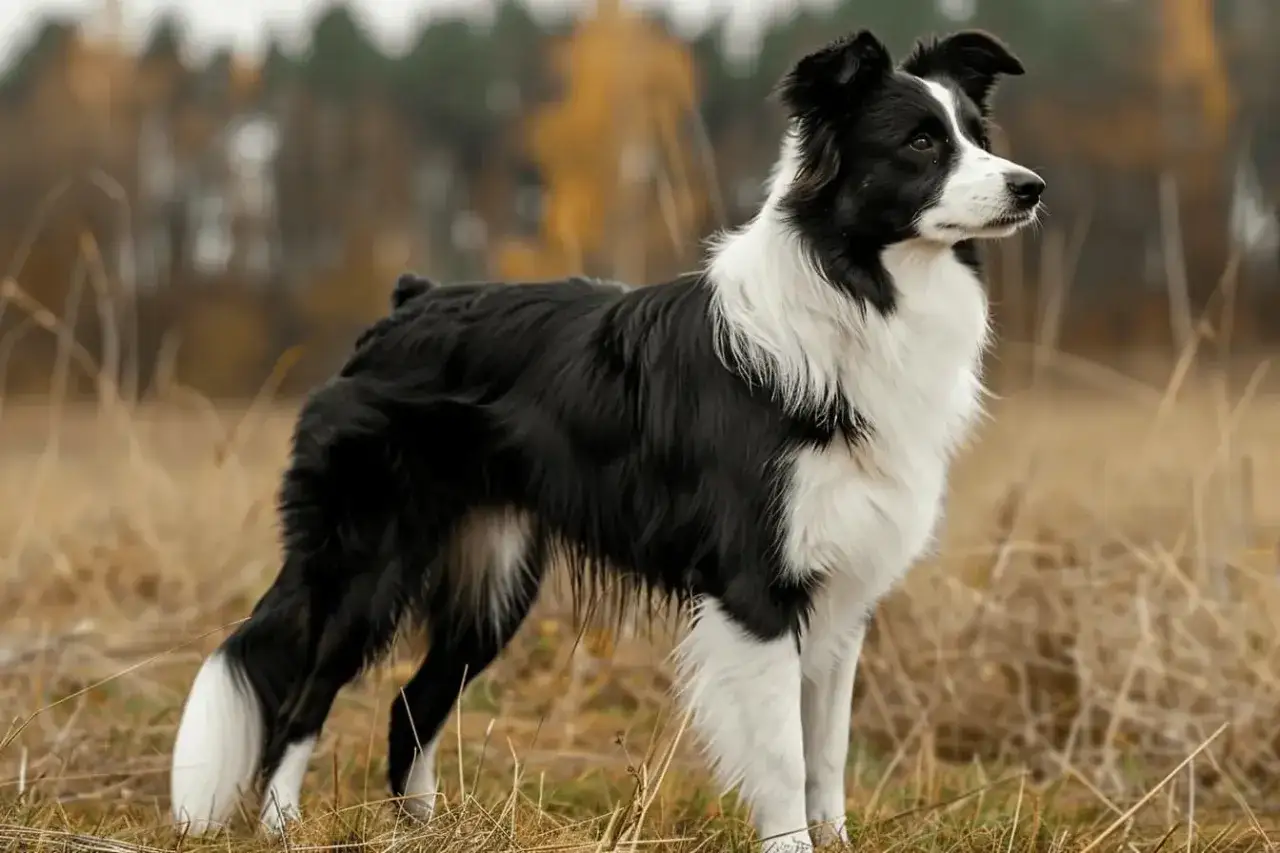 Czarny i biały border collie, jak miniaturka, stoi na trawie.