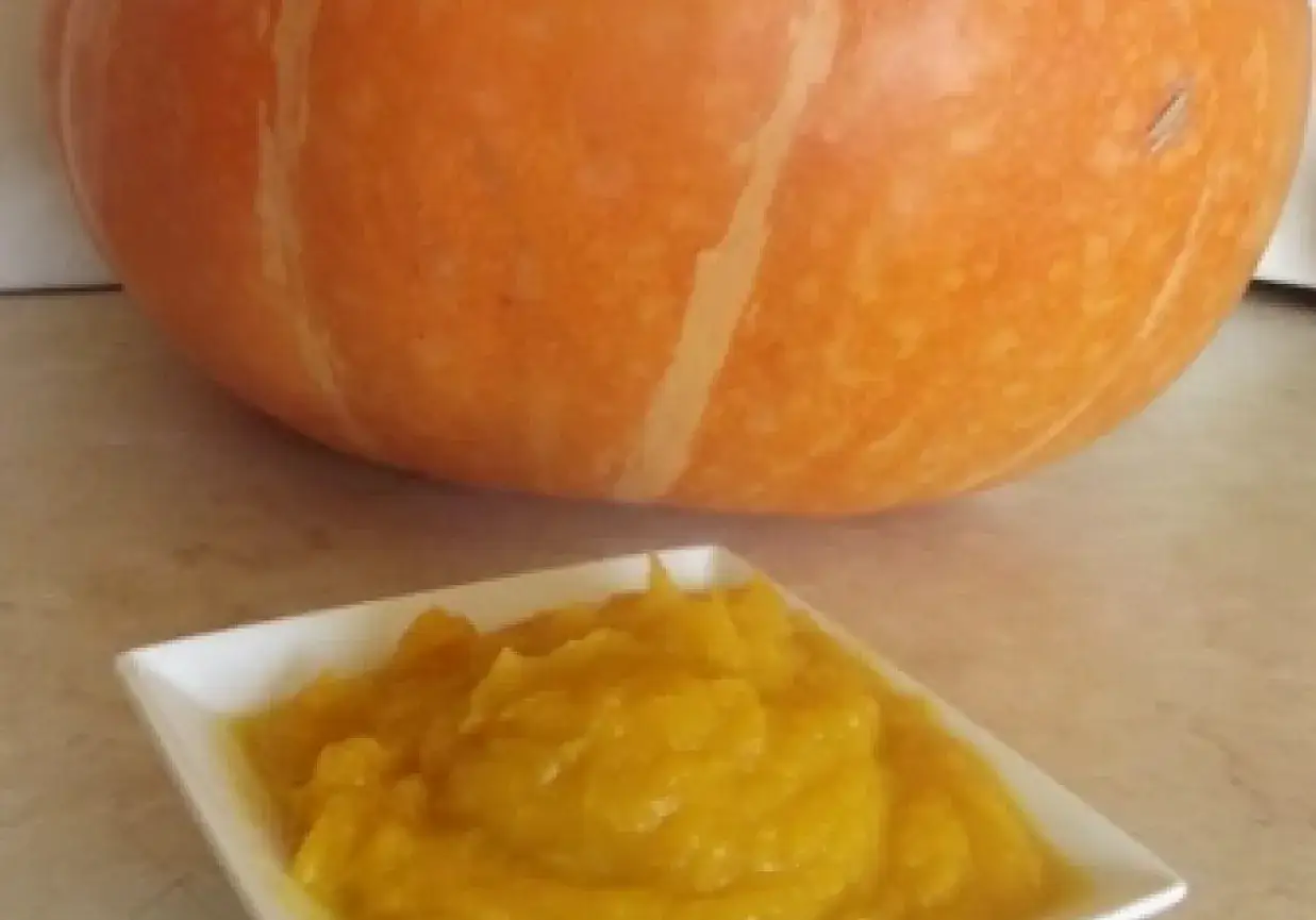 Dynia puree w miseczce, obok duża, pomarańczowa dynia. Czy pies może dynię? Tak, w małych ilościach, gotowana dynia jest dla niego zdrowa.