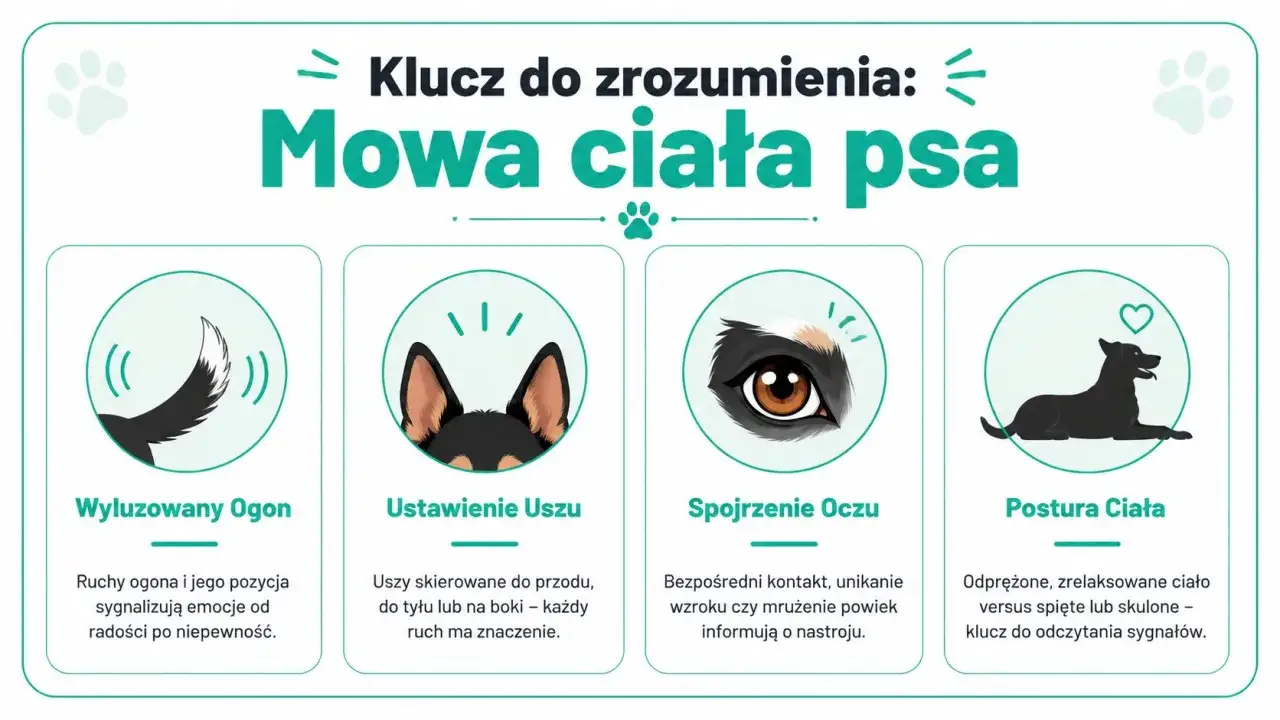 Klucz do zrozumienia: mowa ciała psa. Ilustracje pokazują ogon, uszy, oczy i posturę, kt&oacute;re zdradzają emocje zwierzęcia.