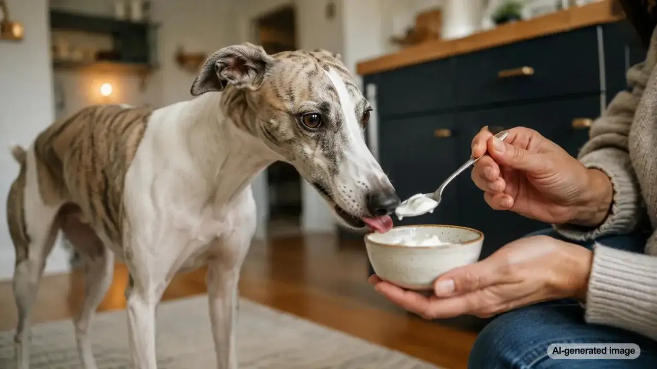 Pies whippet z językiem na wierzchu pr&oacute;buje jogurtu naturalnego z łyżeczki. Czy pies może jeść jogurt naturalny? Tak, jeśli jest bez dodatk&oacute;w.