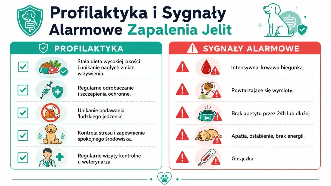 Grafika przedstawia profilaktykę i sygnały alarmowe zapalenia jelit u ps&oacute;w. Wśr&oacute;d sygnał&oacute;w alarmowych widoczne są powtarzające się wymioty u szczeniaka.